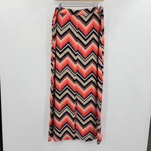 B&B Boutique Maxi Skirt Womens XL Orange Black Chevron Tribal Print Front Slit